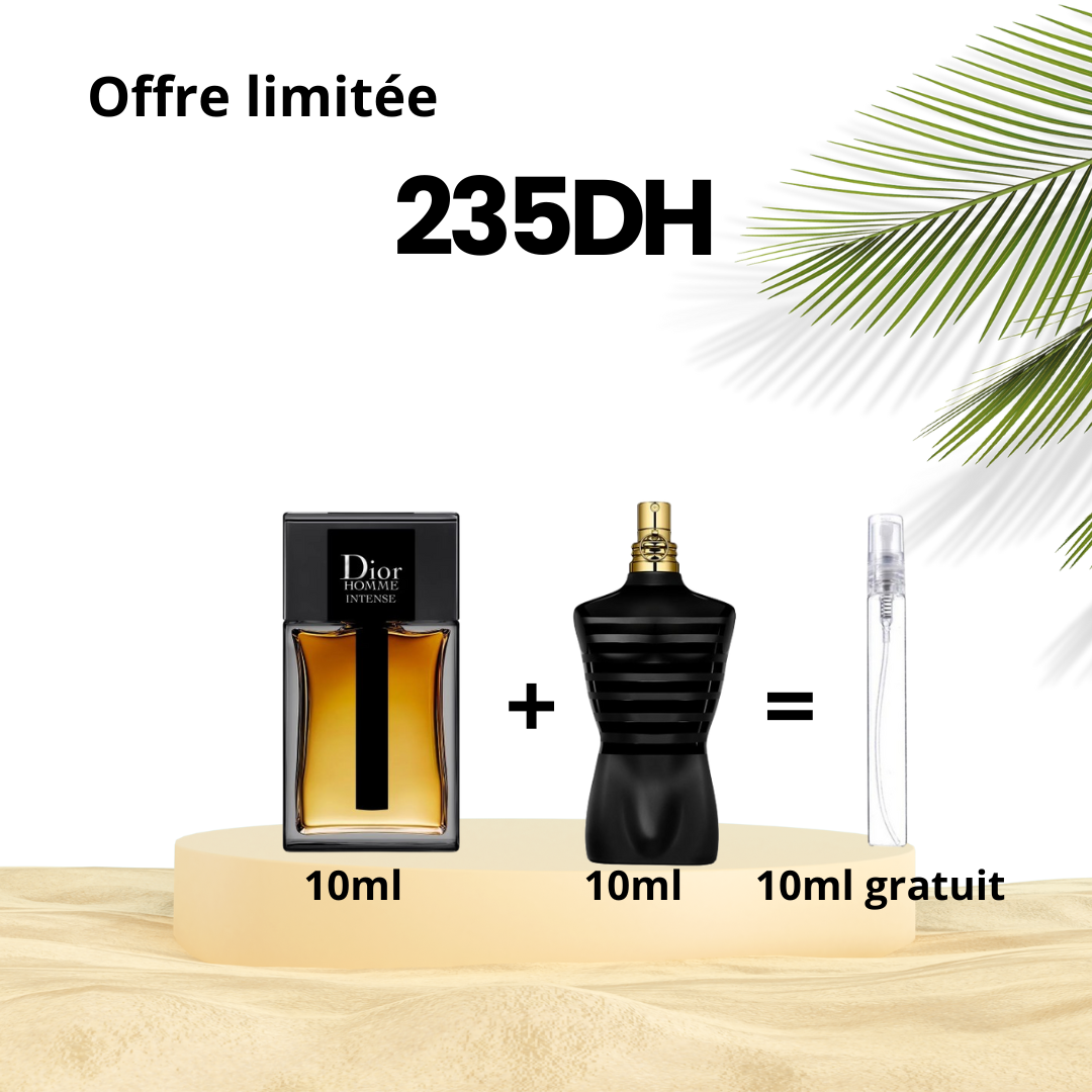 Pack 10ml dior homme intense + 10ml le male le parfum + decante gratuit